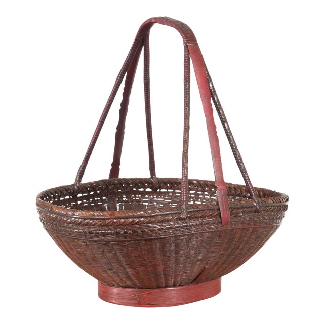 Chinese Woven Rattan Red and Brown Market Basket with Large Tripartite Handle For Sale