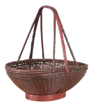Chinese Woven Rattan Red and Brown Market Basket with Large Tripartite Handle