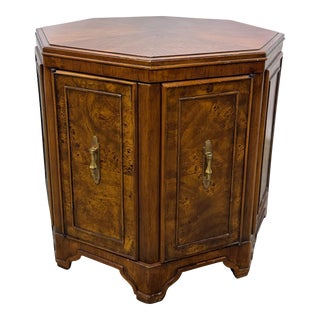 Vintage Traditional Chippendale Style Walnut Burl Wood Octagonal Drum Side Table For Sale