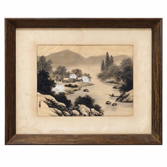 Wood Gyokuka / Yuhua, Oriental Landscape with River, Fisherman and Village, Painting on Fabric, Framed For Sale - Image 7 of 7