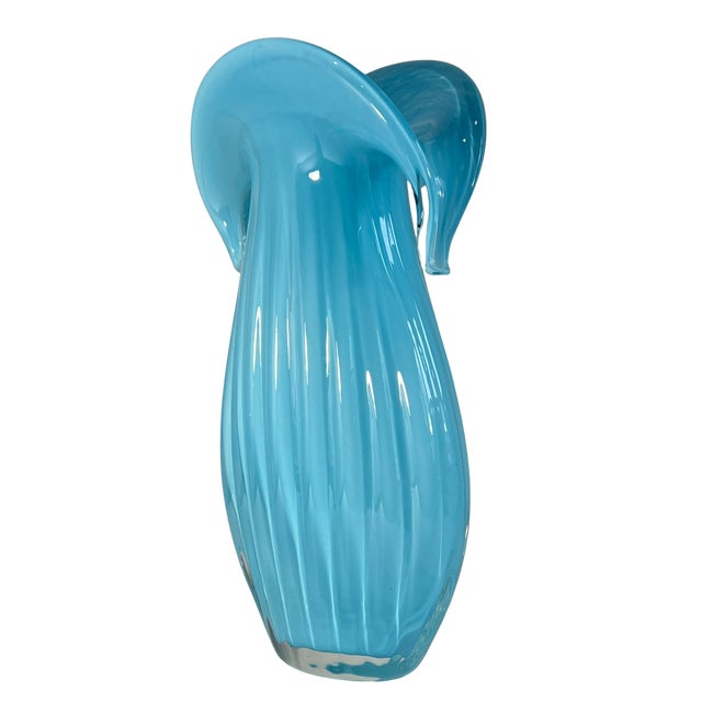 Mid 20th Century Art Glass Aqua Blue Vase Crescent Clam Lip Fluted Vase For Sale - Image 5 of 17