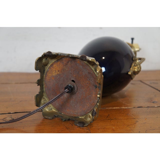 Metal Antique French Empire Converted Cobalt Blue Glass Brass Urn Oil Lamp For Sale - Image 7 of 12