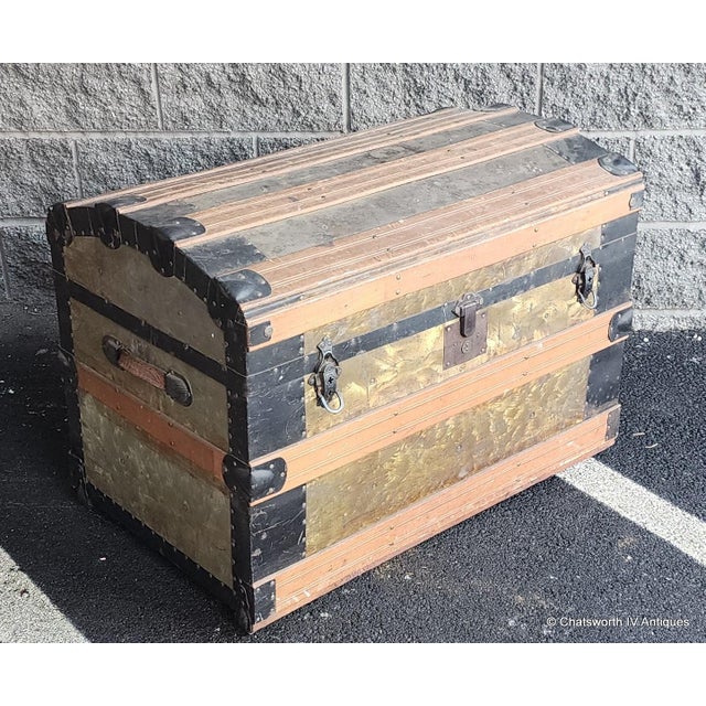 Victorian Antique Victorian Era Metal & Wooden Strap Steamer Dome Top Travel Trunk Chest , 1890s For Sale - Image 3 of 12