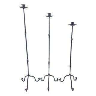 Hand Forged Iron Candelabra Set of 3 (93-113cm) Antique Copper Finish Twisted Stem Floor Set For Sale