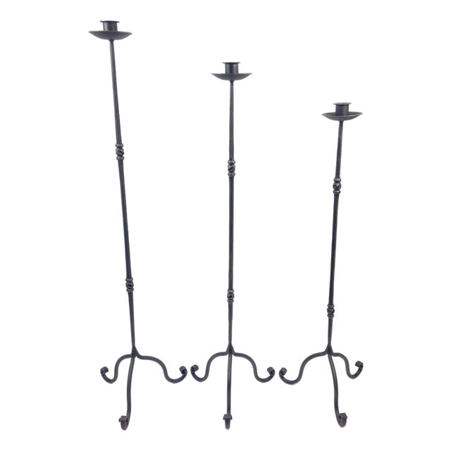 Hand Forged Iron Candelabra Set of 3 (93-113cm) Antique Copper Finish Twisted Stem Floor Set For Sale