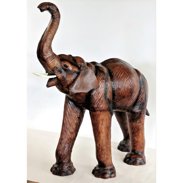 Folk Art Large LifeSize Vintage Leather Wrapped Elephant Sculpture