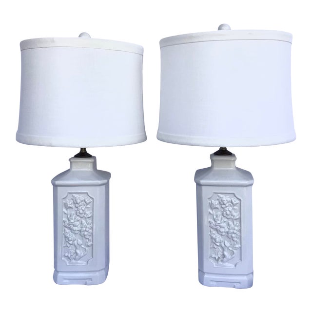 Vintage 1970s Blanc De Chine Lamps With Carved Floral Motif - A Pair For Sale