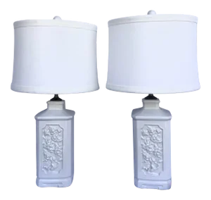 Vintage 1970s Blanc De Chine Lamps With Carved Floral Motif - A Pair