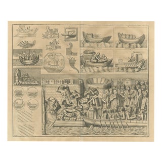 Bernard de Montfaucon, Roman Ships, Prows, Coins and a Loading Scene from Trajan's Column, 1722, Engraving For Sale