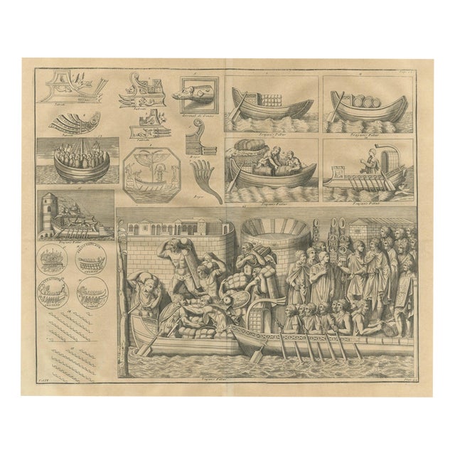 Bernard de Montfaucon, Roman Ships, Prows, Coins and a Loading Scene from Trajan's Column, 1722, Engraving For Sale