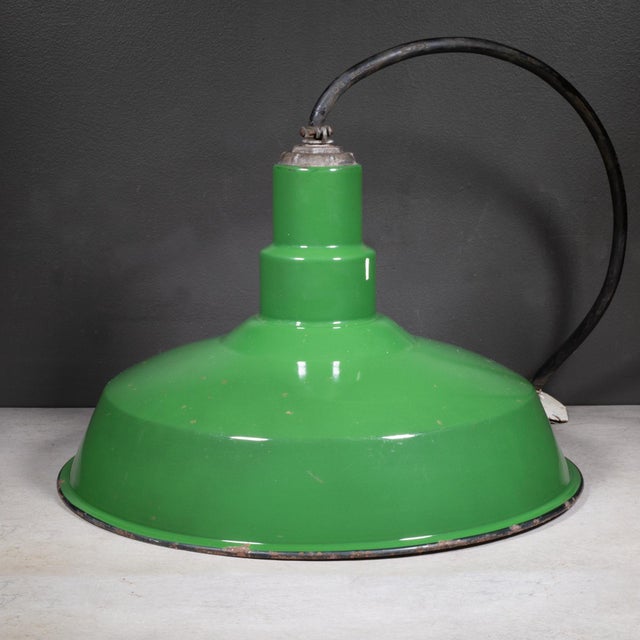 Early 20th Century Vintage 18" Enameled Porcelain Green Industrial Pendant Lights c.1930-Set of 3 For Sale - Image 5 of 16