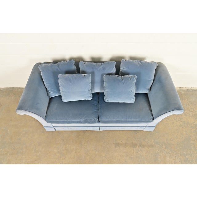 1980s Baker Furniture Blue Velvet Upholstered Roll Arm Sofa For Sale - Image 5 of 13