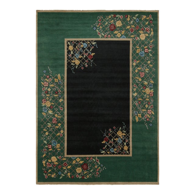2010s Rug & Kilim’s Chinese Art Deco Style Rug in Black & Green With Floral Pattern For Sale