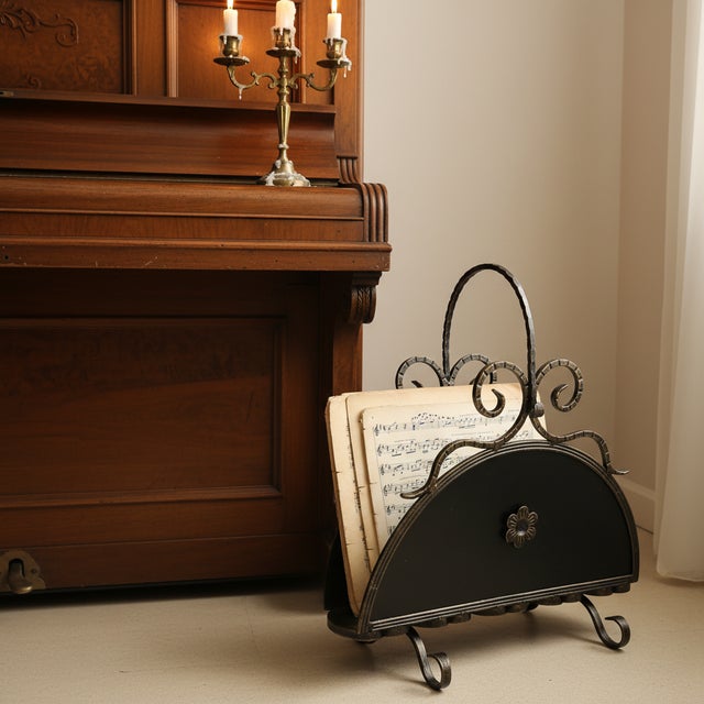 2020s Hand Forged Iron Newspaper & Magazine Rack (54cm) Antique Gold Scroll Design with Arched Handle For Sale - Image 5 of 10