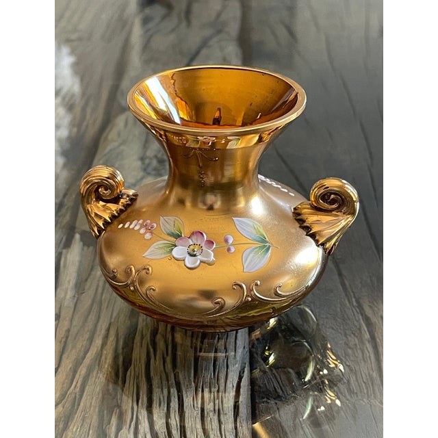 Small cute vintage Bohemian Czheckoslovakia 24 kt hold covered vase with handles.