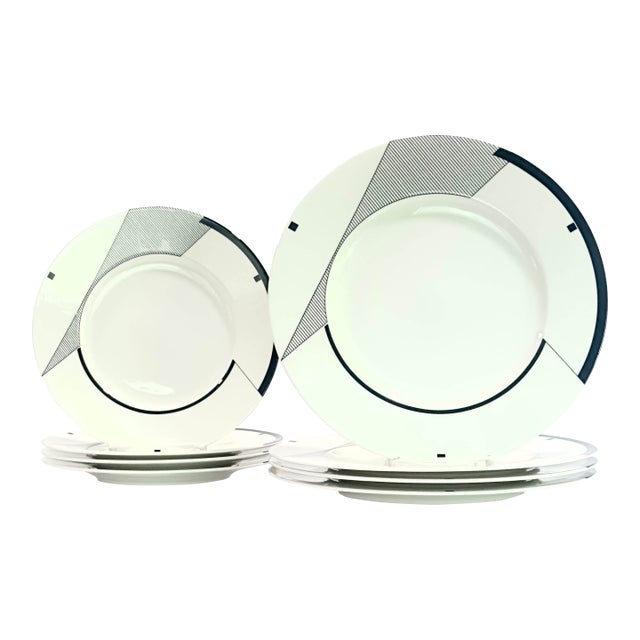 Glorious Postmodern Black & White Geometric ‘Angles’ Dinner & Side Plates by Christopher Stuart Circa 1995 - Place Settings for 4 / 8 Pieces For Sale