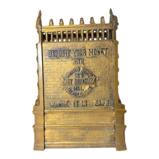Rare Antique J. & E. Stevens Cast Iron Jarmulowsky Banking House Still Coin Bank For Sale