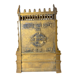 Rare Antique J. & E. Stevens Cast Iron Jarmulowsky Banking House Still Coin Bank