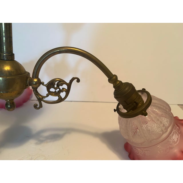 Victorian Early 20th Century Brass 3-Light Chandelier With Pink Glass Shades For Sale - Image 3 of 12