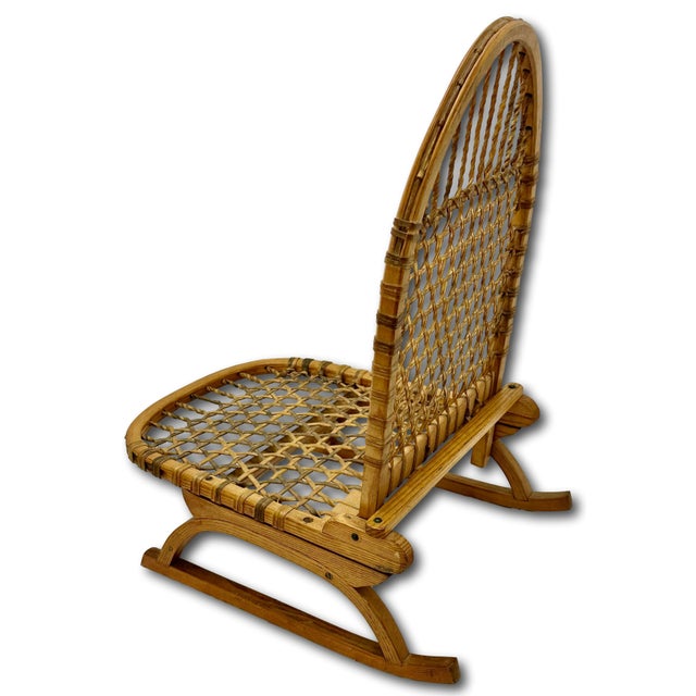 Khaki Vintage Mid 1900s Stream Bent Ash Wood & Hand Woven Leather - Hide Folding Low Chair for Canoes, Camping Etc. For Sale - Image 8 of 18
