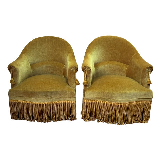 Art Deco Bergère Armchairs in Golden Yellow Velvet, 1920s For Sale