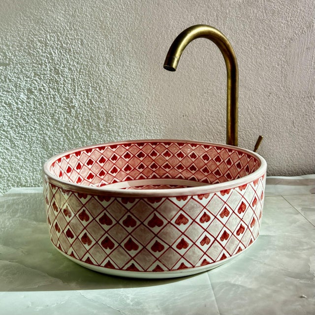Moroccan Modern Hearts Pink Ceramic Vessel Sink With Brass Drain For Sale - Image 9 of 9