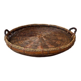 Extra Large Vintage Wicker Basket Tray With Bamboo & Rope Trim - 25” For Sale