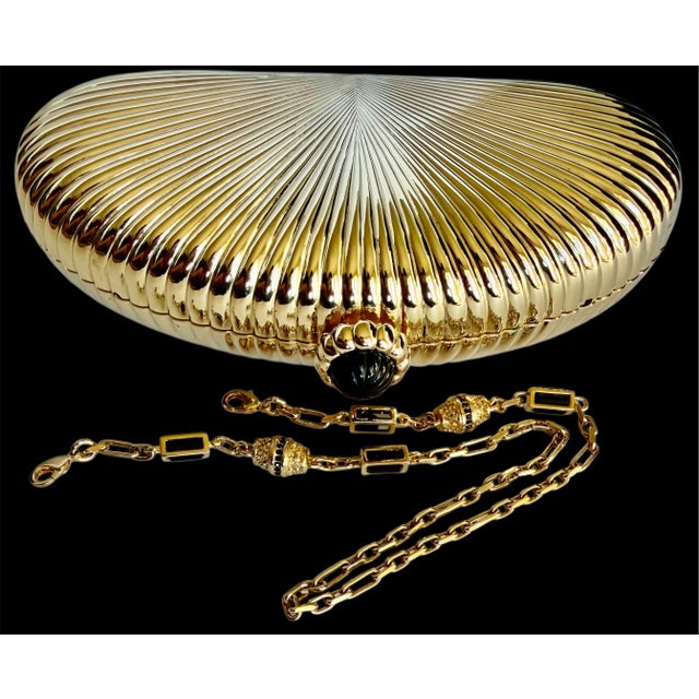 Art Deco Judith Leiber Gold Ribbed Half Oval Onyx Gem Crystal Minaudiere Evening Bag For Sale - Image 3 of 15