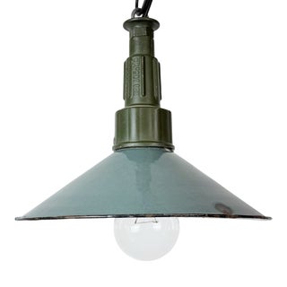 Industrial Petrol Enamel Military Pendant Lamp with Cast Aluminium Top, 1960s For Sale