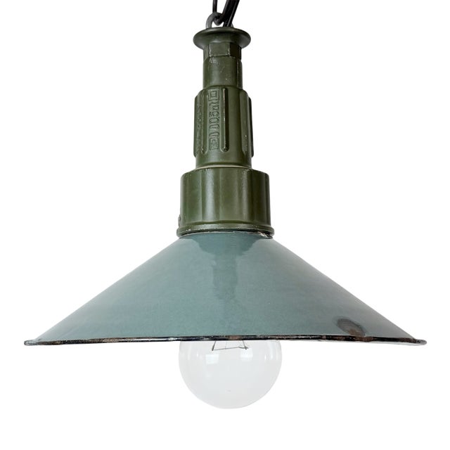 Industrial Petrol Enamel Military Pendant Lamp with Cast Aluminium Top, 1960s For Sale