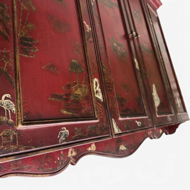Oxblood Red Vintage Maitland Smith Gilt Chinoiserie Flatscreen Television Wall Cabinet For Sale - Image 8 of 13