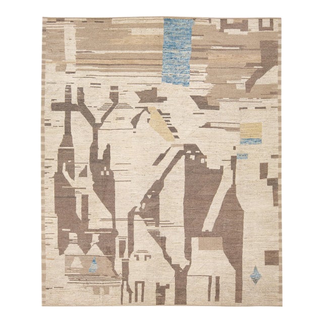 Modern Boho Chic Moroccan Style Handmade Abstract Motif Beige Oversize Wool Rug For Sale