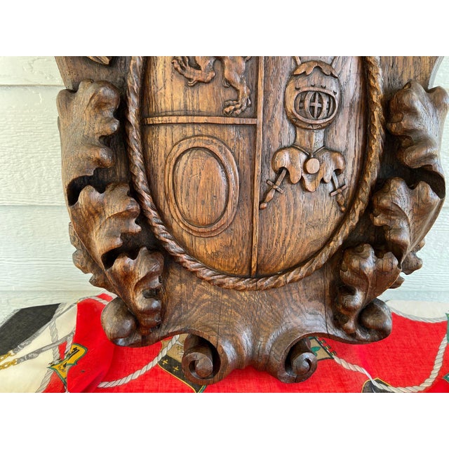 Antique French Gothic Wall Plaque Coat of Arms Carved Oak Renaissance C1890 For Sale - Image 12 of 18