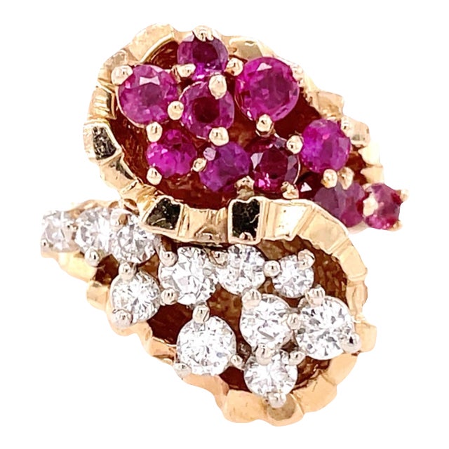 1960s 14k Yellow Gold Cocktail Ring With Rubies and Diamonds Size 7 For Sale