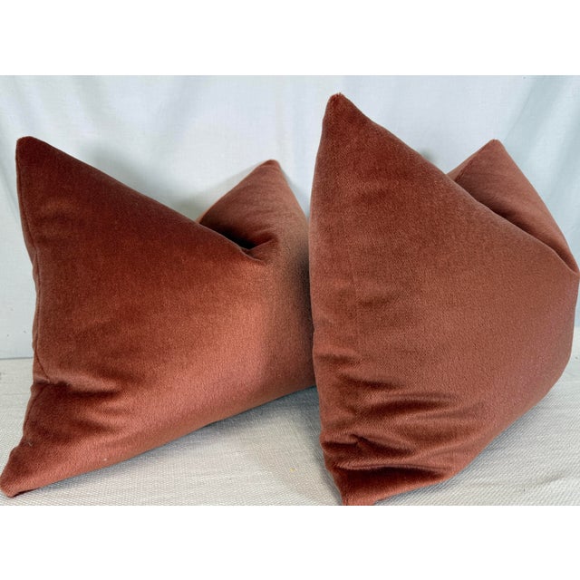 Custom pair of 16"x20" pillows covered in a cinnamon colored mohair. These pillows are knife edged, have serged seams,...