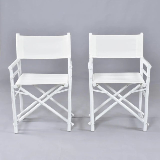 Ficks Reed Set of 4 Vintage White Rattan Bamboo Canvas Sling Folding Directors Chairs For Sale - Image 4 of 16