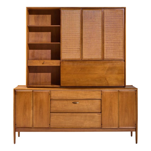 Barney Flagg for Drexel Parallel Mid Century Walnut and Cane Credenza and Hutch For Sale