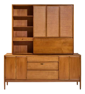 Barney Flagg for Drexel Parallel Mid Century Walnut and Cane Credenza and Hutch