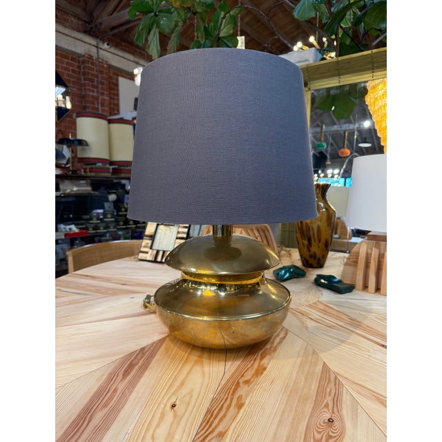 Metal Sculptural Brass Table Lamp With Blue Shade 1970's For Sale - Image 7 of 7