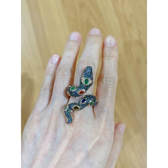 Bochic "Orient" Vintage Emerald & Fancy Sapphires and Emerald Serpent Cocktail Ring Set 18K & Silver Natural fancy multi...