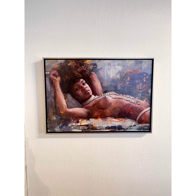 This oil painting depicts a reclining figure, captured in a moment of serene contemplation. The artist employs bold...