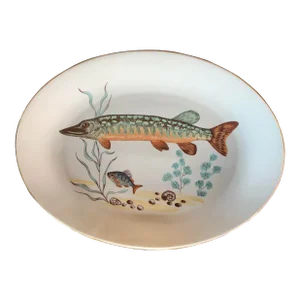 Aquatic Fish Design Vintage Porcelain Oval Platter With Gilt Edge