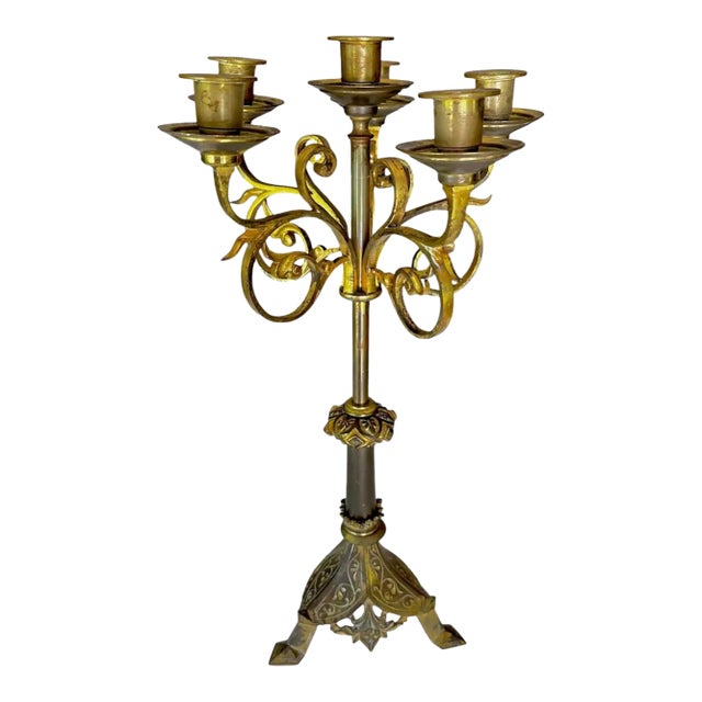 Single Antique Gothic Revival Brass 6 Light Candelabra For Sale