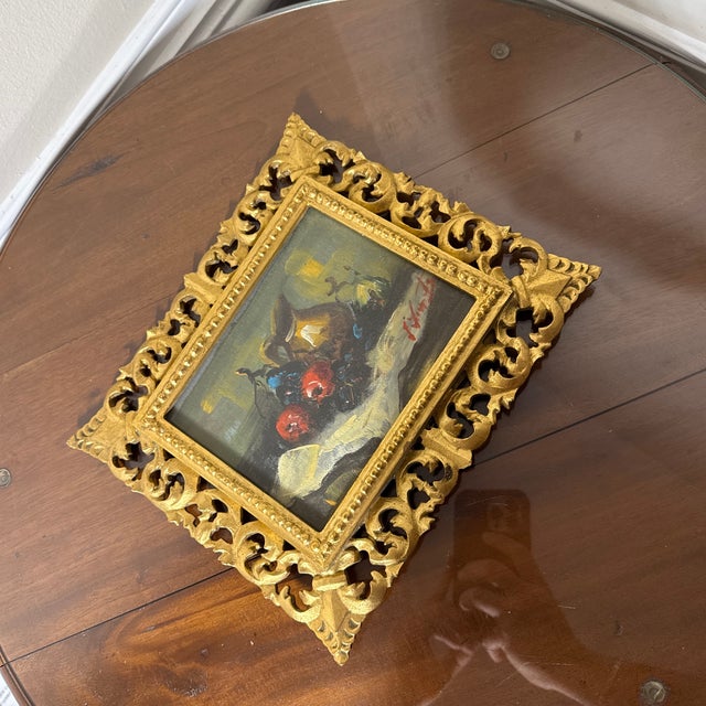 Wood Vintage Italian Still Life Oil Painting Ornate Frame Signed For Sale - Image 7 of 12