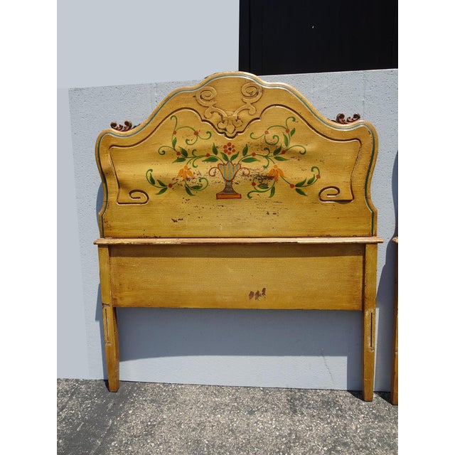 Wood Pair Vintage French Provincial Hand Painted Gold Floral Twin Headboards W Rails For Sale - Image 7 of 17
