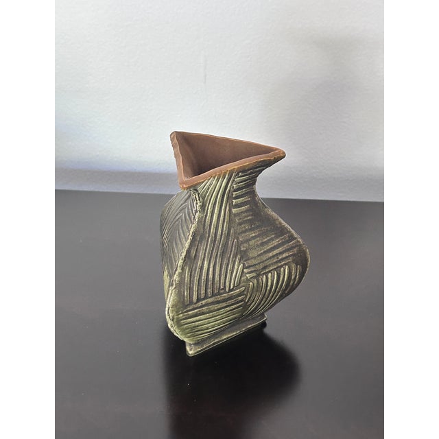Olive Gary DiPasquale, Postmodern Slip-Cast Stoneware Bud Vase, Geometric 3-Sided Flared Triangular - Olive Green For Sale - Image 8 of 11