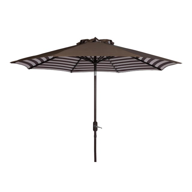 Inside Out Stripe 9 Ft Crank Outdoor Auto Tilt Umbrella in Brown & White For Sale