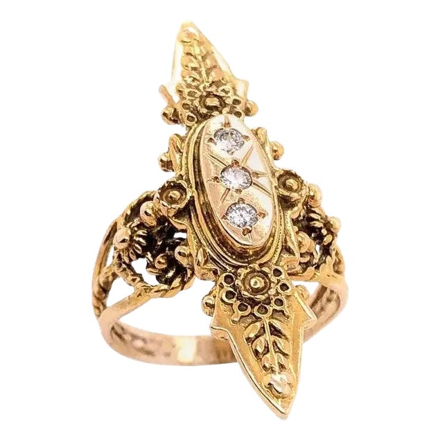 14 Karat Yellow Gold and Three Diamond Freeform Ring For Sale