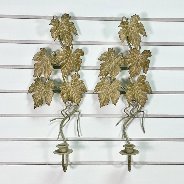 This is a beautiful pair of Italian Tole Candle Sconces. The design consist of five large leaves on each sconce, supported...