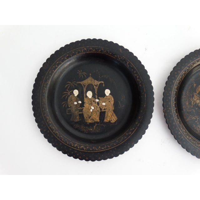 Chinese Antique Papier Mache Wine Coasters / Plates, a Pair Hand Painted Gilt For Sale - Image 3 of 6